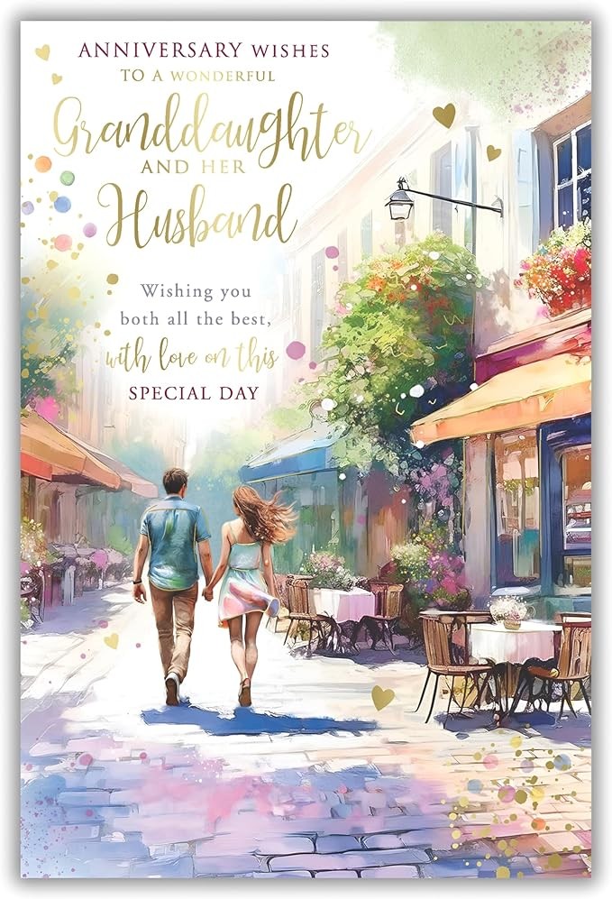 Granddaughter & Husband Anniversary Card  Romantic Street Scene  Quality Finis