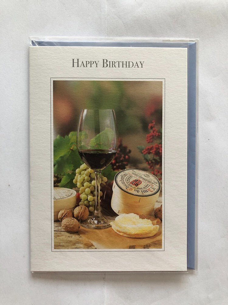 Open Happy Birthday Card Cheese Board Red Wine Grapes Walnuts