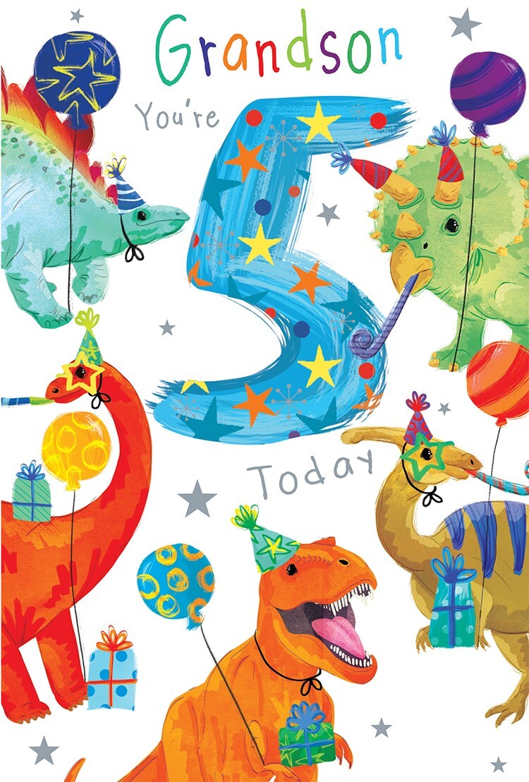 Grandson 5th Birthday Card Age 5 Dinosaurs 9" x 6" Lovely Verse