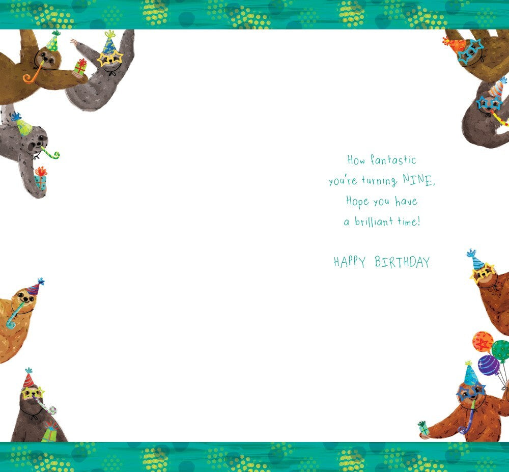 Kids 9th Birthday Card - Nine Today - Cute Sloths Party Hats Boy Girl