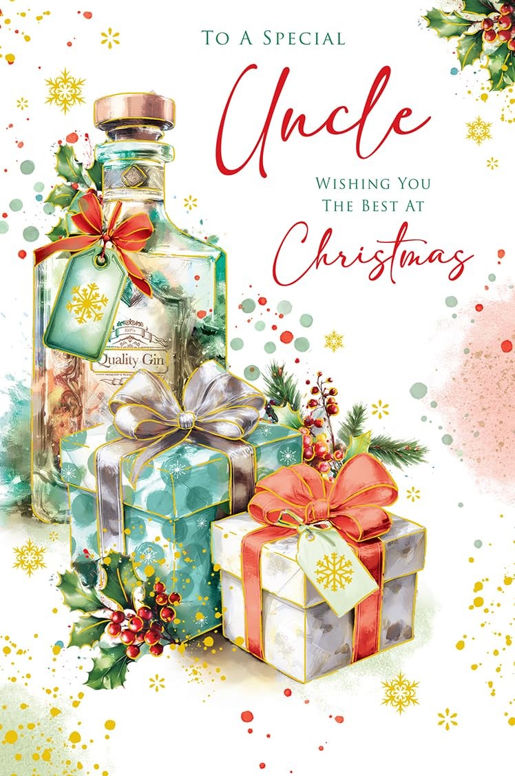 Christmas Card To Special Uncle Large Gin Bottle Presents Holly 15x23cm