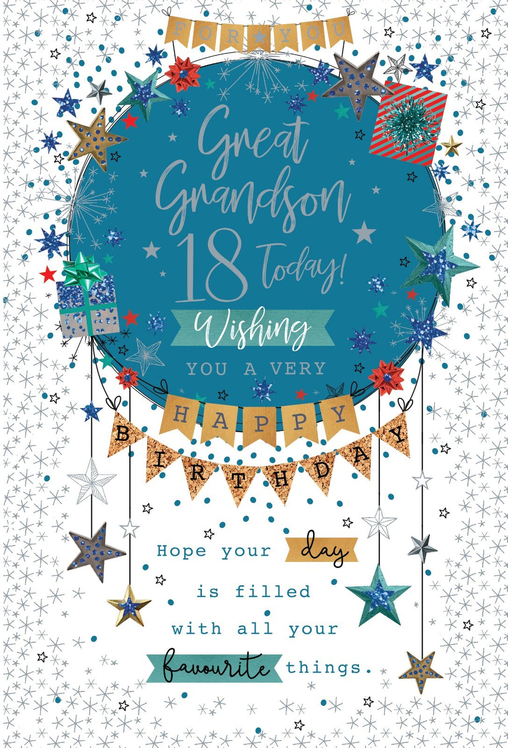 Great Grandson 18th Birthday Card - Stars & Presents - Free UK P&P