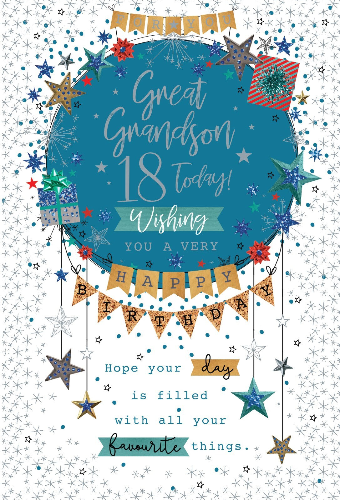 Great Grandson 18th Birthday Card - Stars & Presents - Free UK P&P