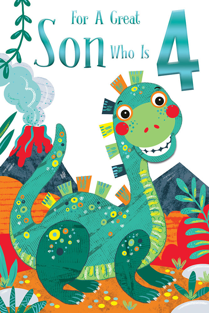 Son 4th Birthday Card Age 4 Today Cute Dinosaur Happy Lovely Verse