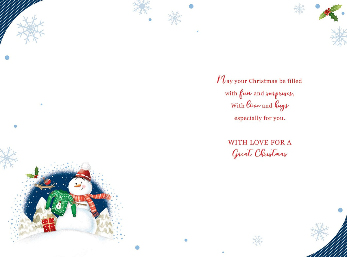 Special Grandson Christmas Card Snowman & Jumper Design Lovely Verse