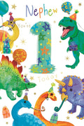 1st Birthday Card for Nephew  Dinosaur Party Design  15x23cm with Insert