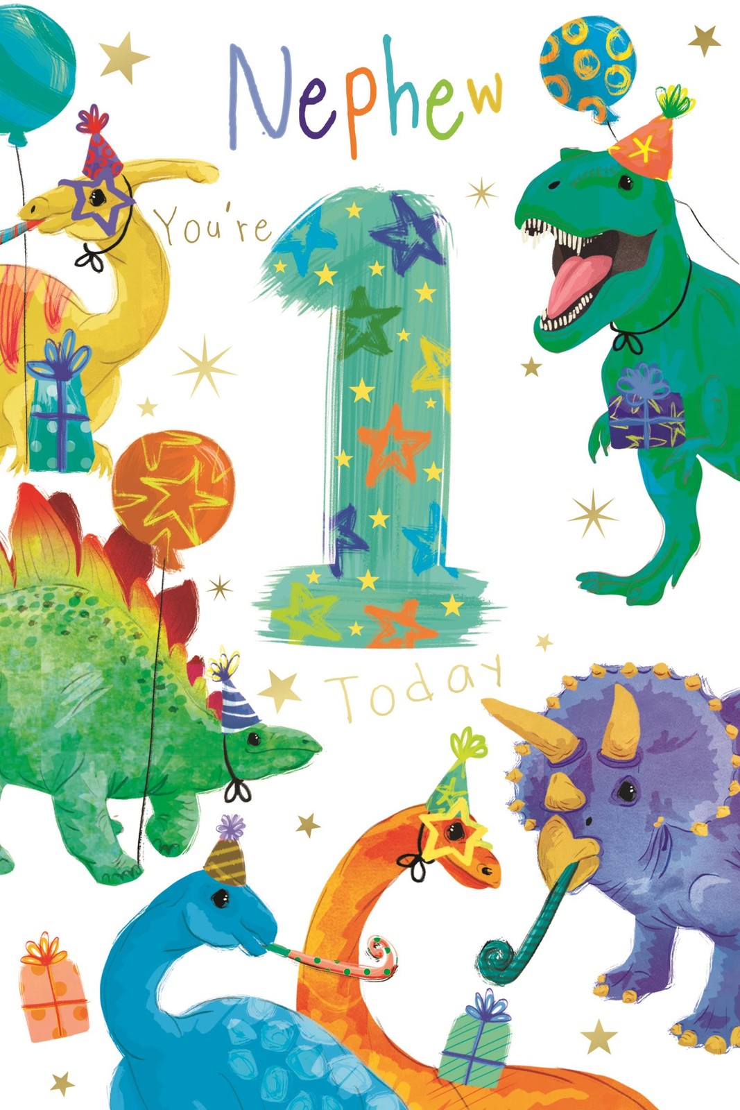 1st Birthday Card for Nephew  Dinosaur Party Design  15x23cm with Insert