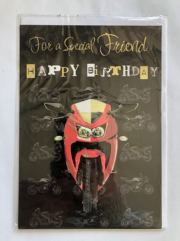Friend Happy Birthday Card Special Red Motorbike & Block Words