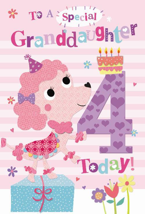 Granddaughter 4th Birthday Card Age 4 Today Dog & Cake Design Happy