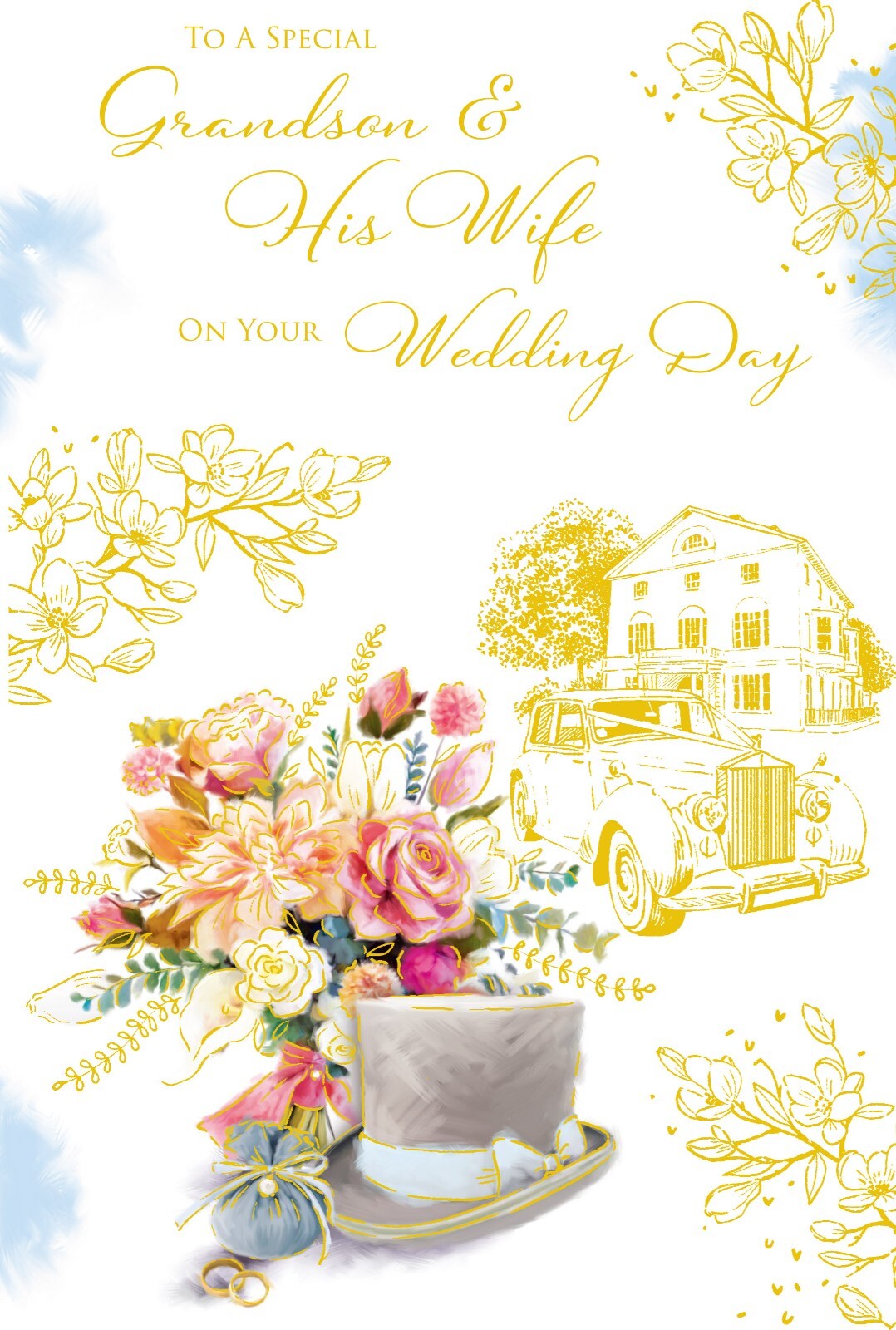 Grandson & Wife Wedding Day Card Flowers Foil Finish Lovely Verse
