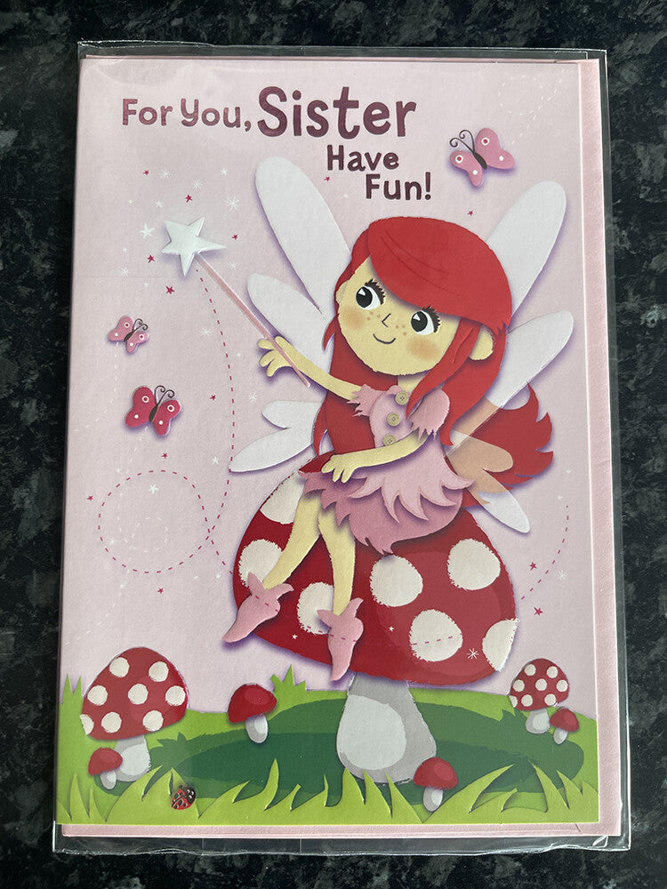 Sister Happy Birthday Card Fairy Toadstool Wand Butterflies Have Fun