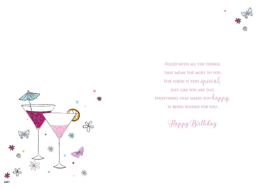 Friend Happy Birthday Card Butterflies Cocktail Glasses Design Lovely Verse