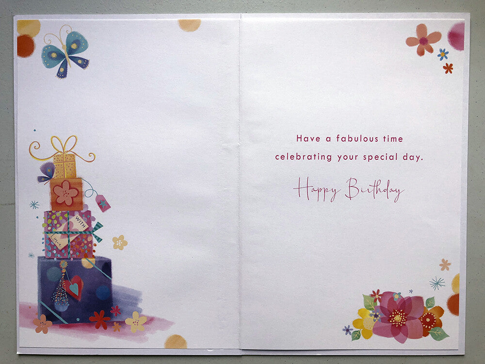 Great-Granddaughter 18th Birthday Card ? Gift Stack & Butterfly Design ? 15x23cm