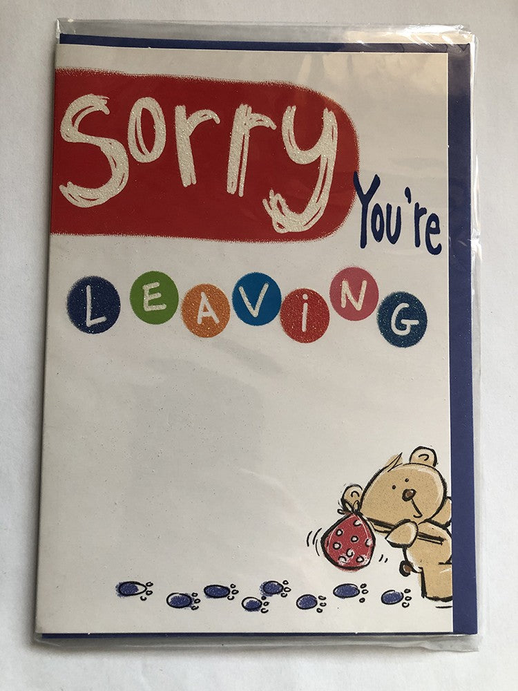 Sorry You're Leaving Card Blue Cute Bear Bye Paw Prints