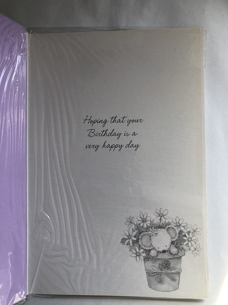 Friend Happy Birthday Card Special Cute Mouse in Flowerpot Flowers Ribbbon
