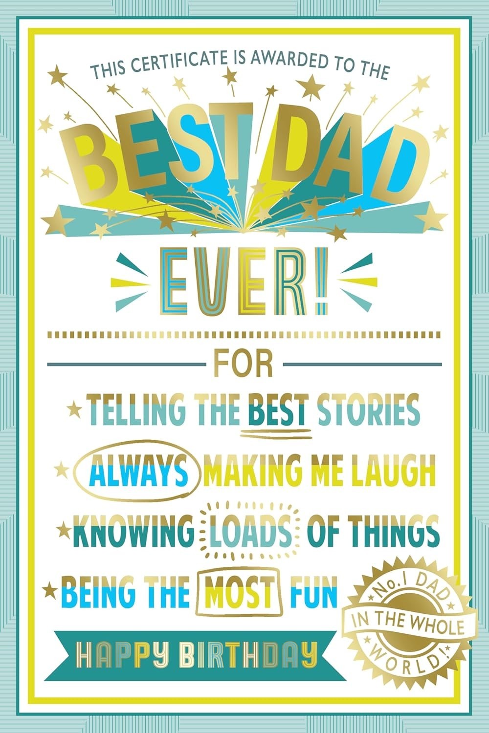 Birthday Card for Dad  Best Dad Ever Certificate  15x23cm  Colour Insert