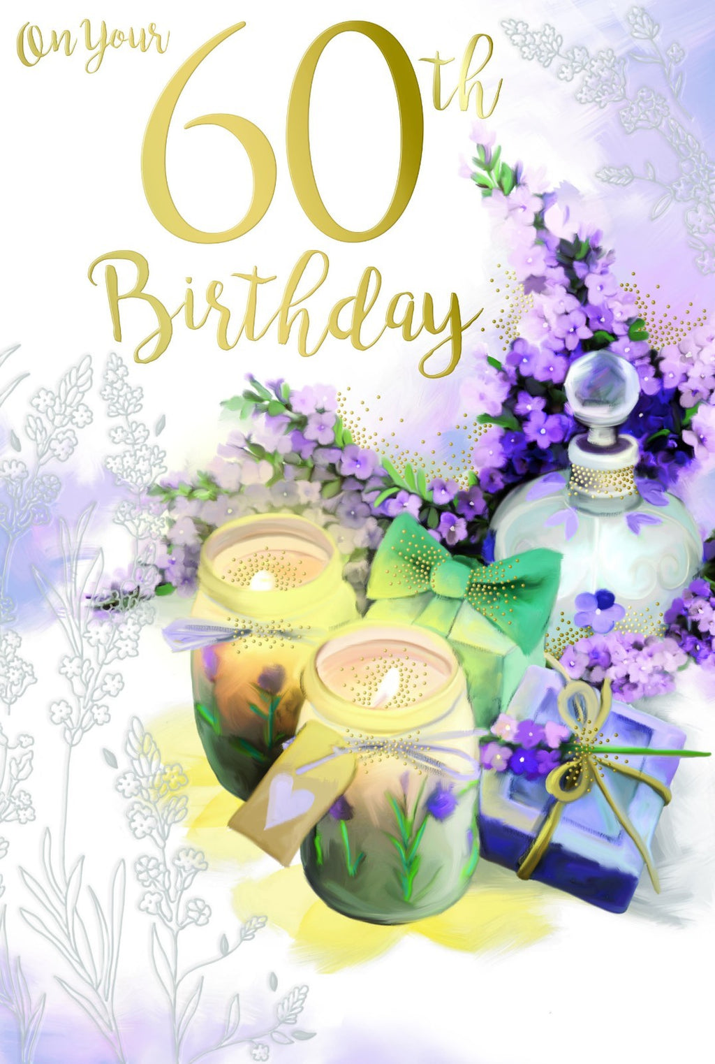 60th Happy Birthday Card 60 Candles Presents Gift Flowers & Perfume Design