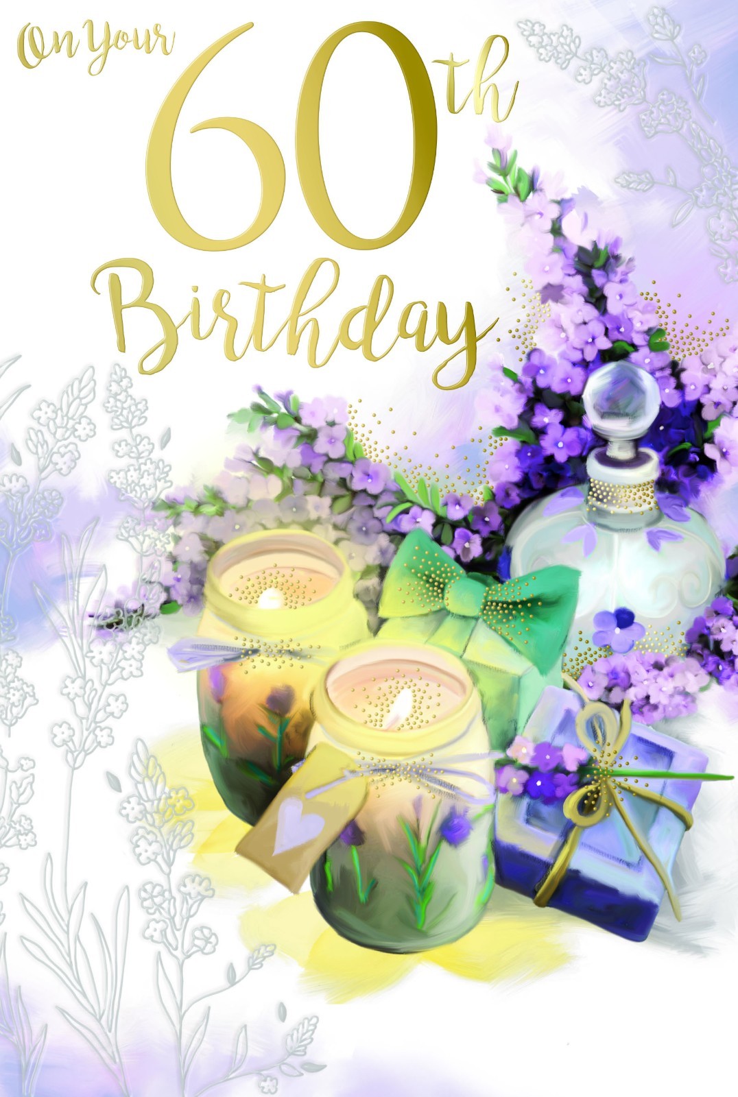 60th Happy Birthday Card 60 Candles Presents Gift Flowers & Perfume Design