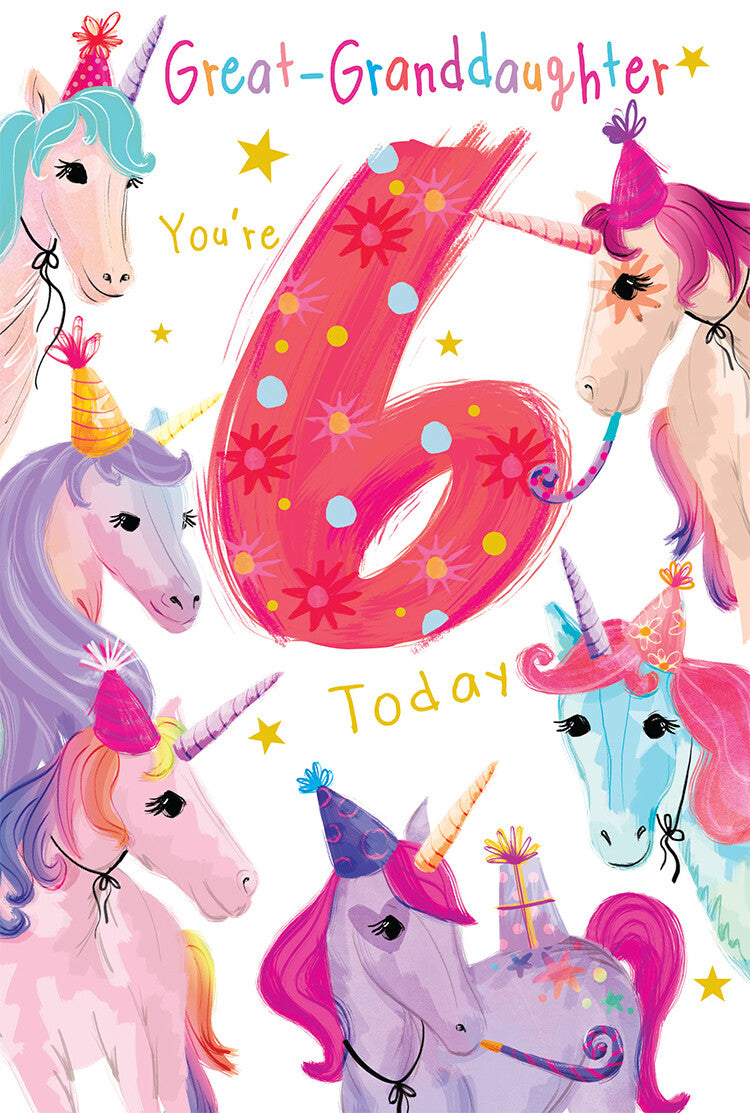 Great Granddaughter 6th Birthday Card Age 6 Unicorns 9" x 6" Lovely Verse