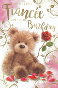 Fiancee Happy Birthday Card Cute Bear & Roses Design Lovely Verse