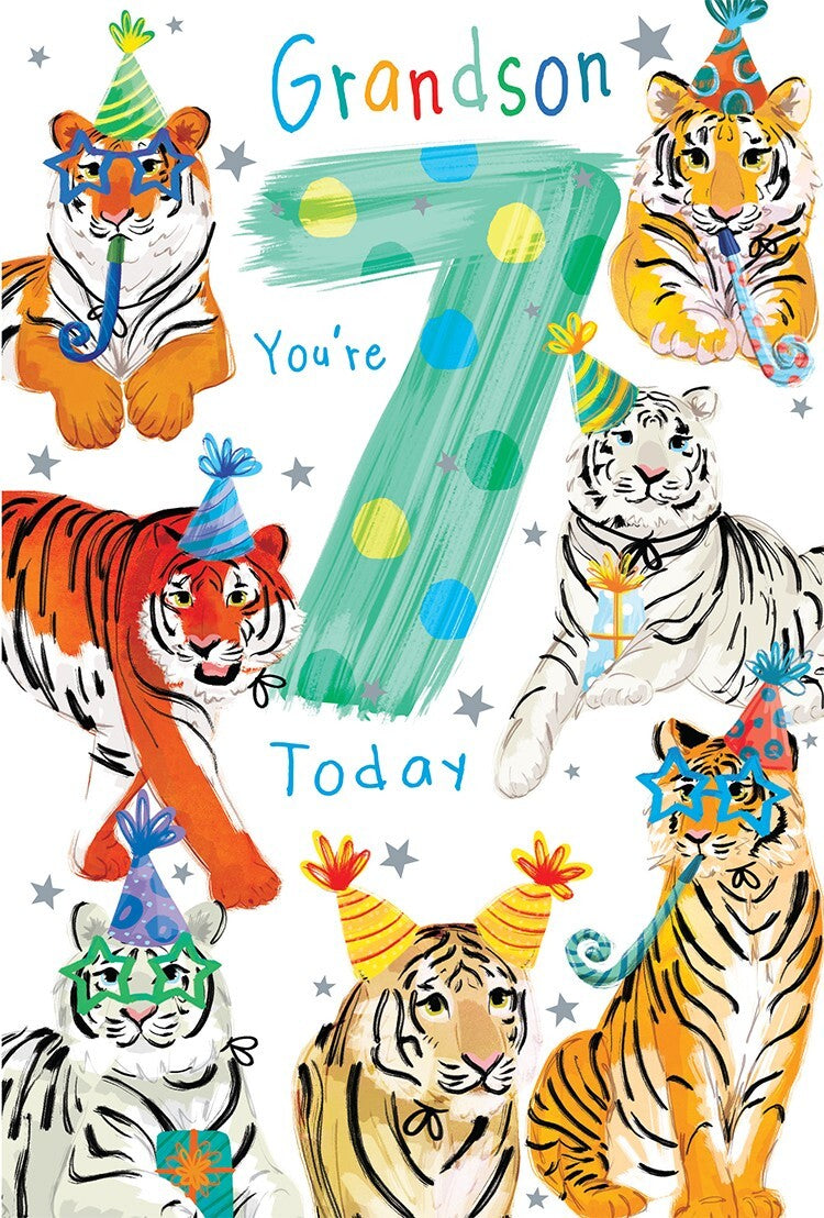 Grandson 7th Birthday Card Age 7 Tigers 9" x 6" Lovely Verse