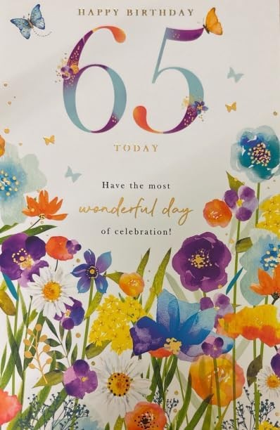 65th Birthday Card  Colourful Floral & Butterfly Design  15x23cm