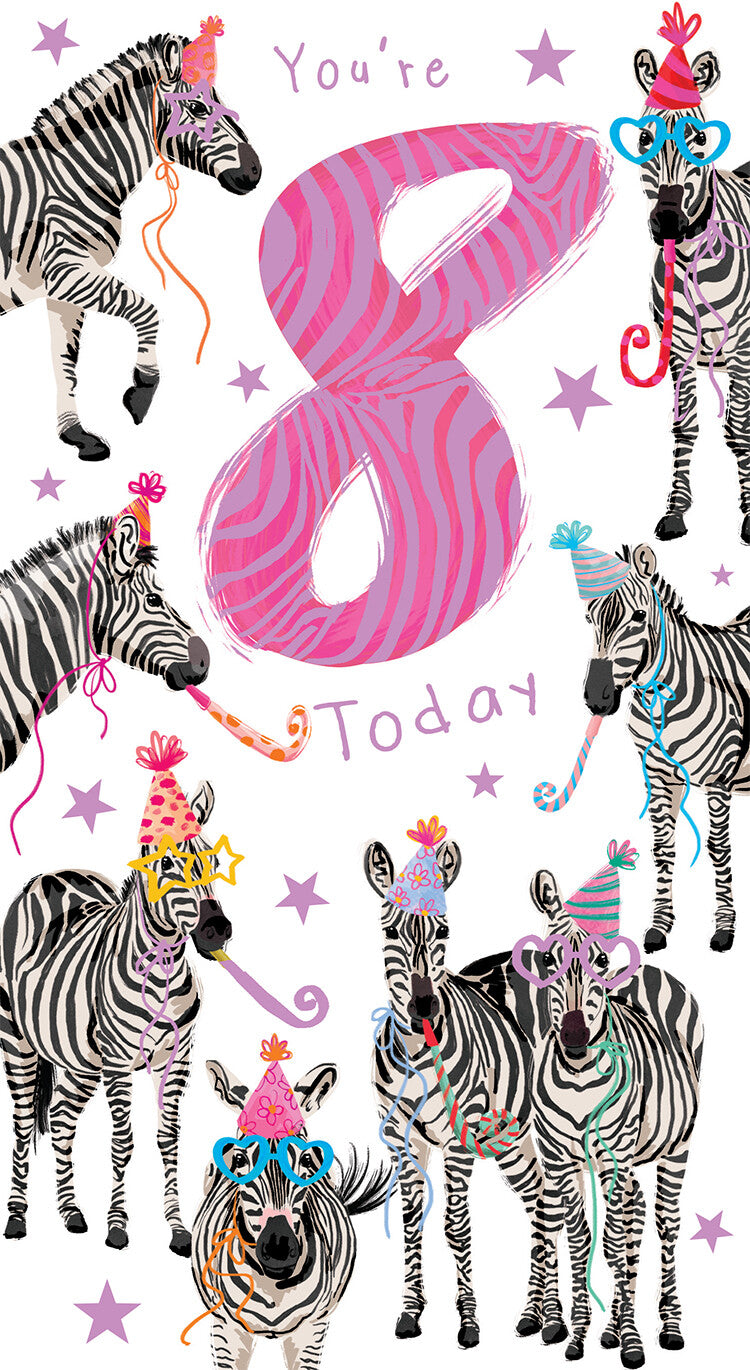 Age 8 Female 8th Birthday Card Zebras 9" x 5" Lovely Verse