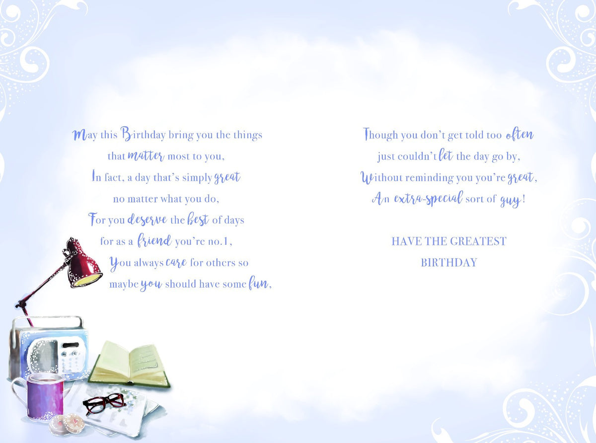 Friend Happy Birthday Card Relax Radio Lamp Glasses Book Coffee & Biscuit Design