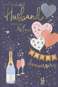 Husband Happy Anniversary Card Heart Balloons & Champagne Design Lovely Verse