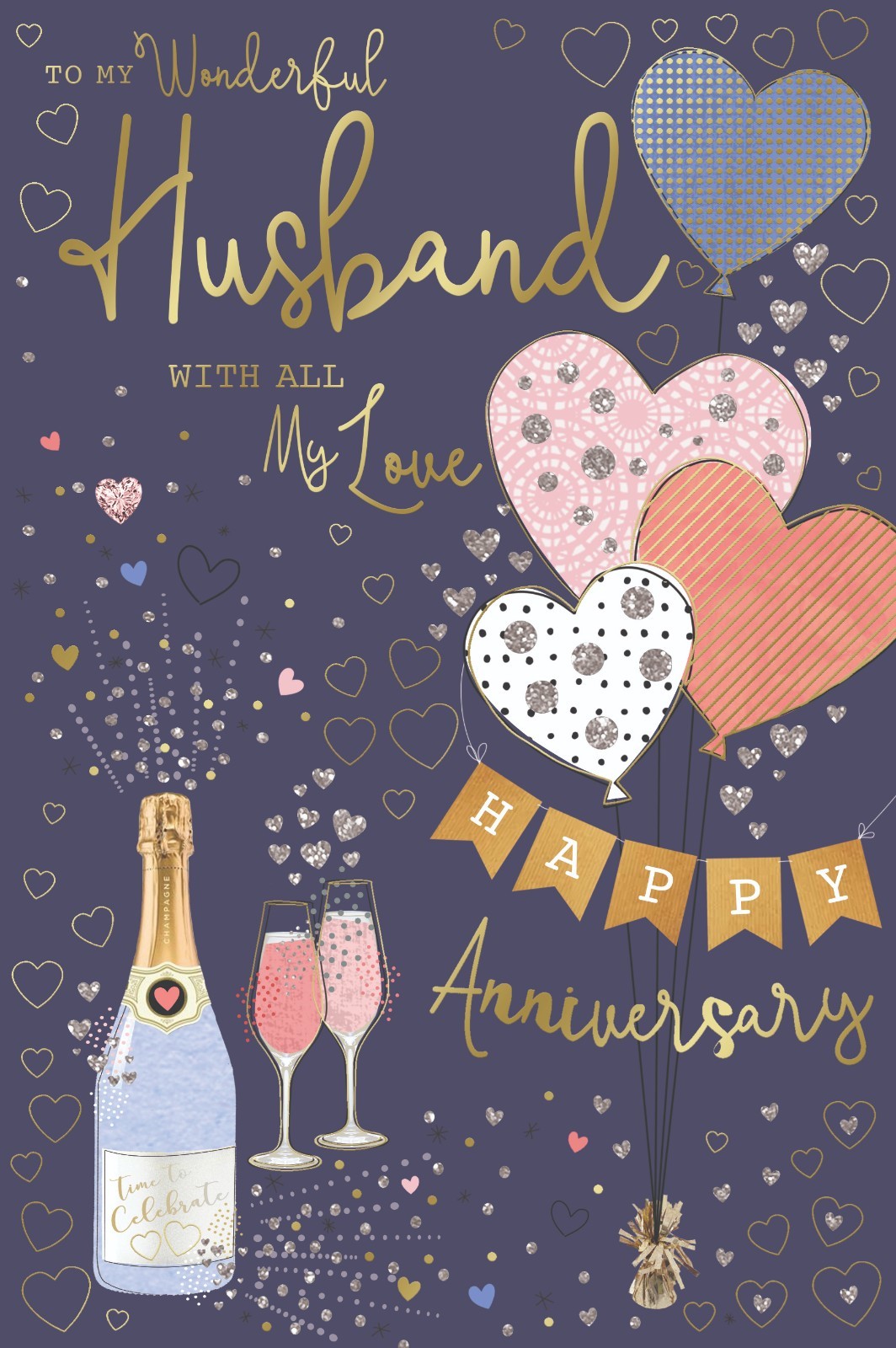 Husband Happy Anniversary Card Heart Balloons & Champagne Design Lovely Verse