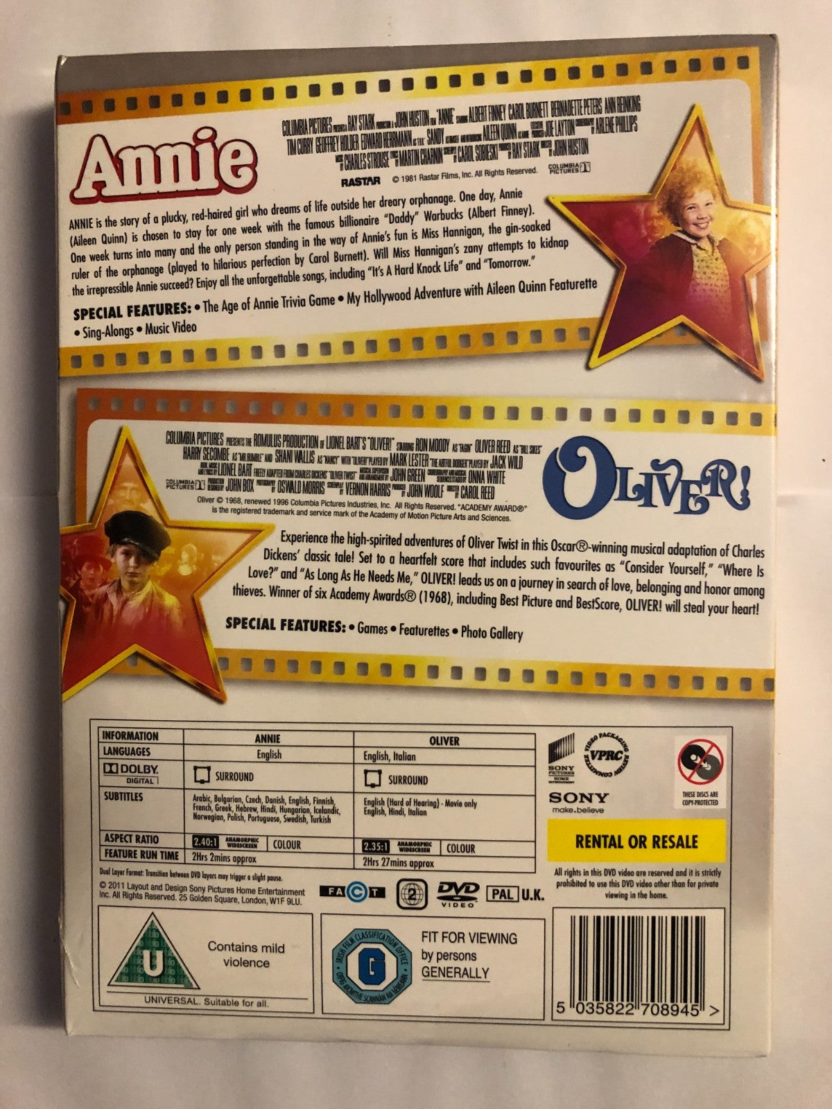 Oliver!Annie (2011) Ron Moody Reed 2 discs NEW DVD Region 2 New & Sealed