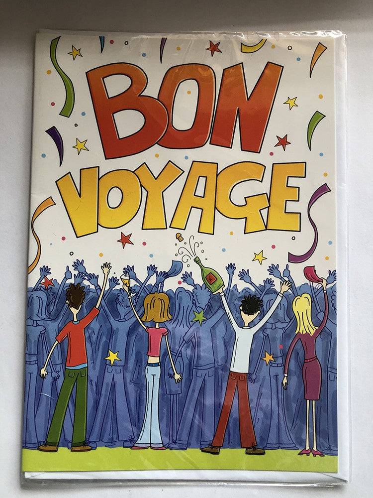 Bon Voyage Card Goodbye Good Luck Crowd Waving Champagne Streamers