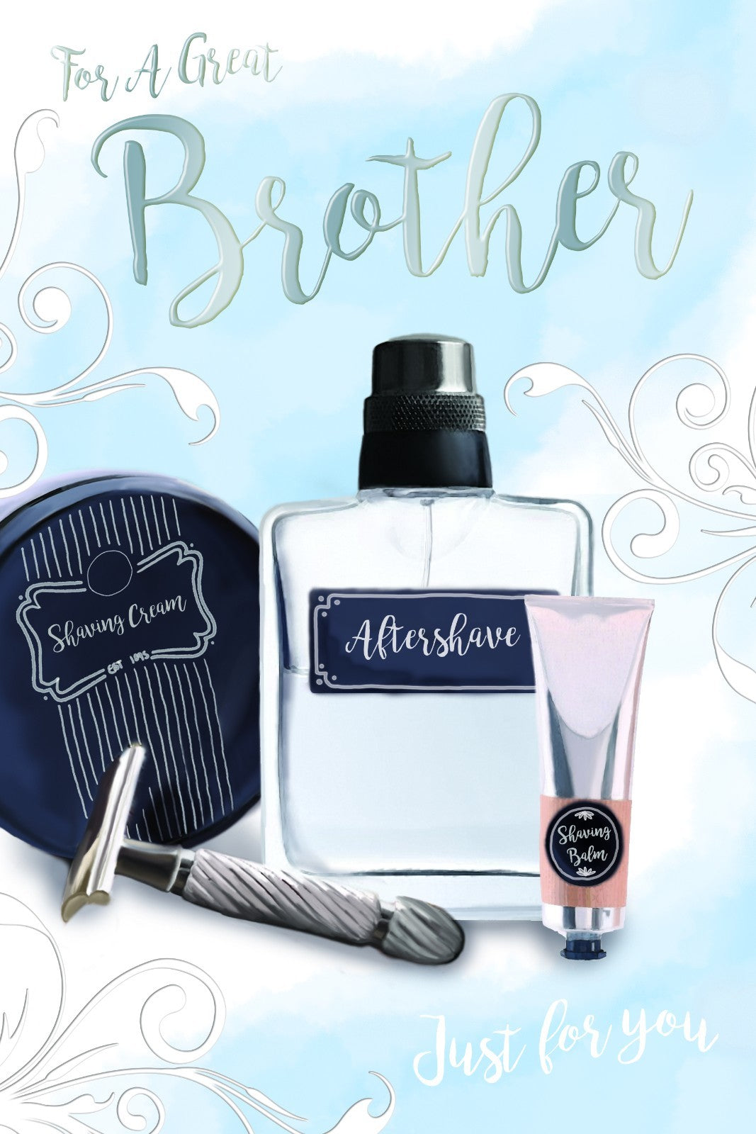 Brother Happy Birthday Card Aftershave Balm Razor Shaving Cream & Scroll Design