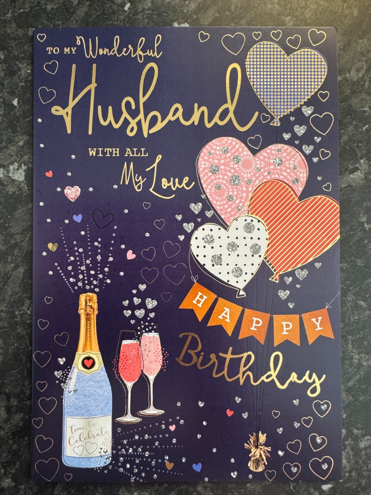 Husband Happy Birthday Card Champagne & Hearts Large 15cm x 23cm Gold Foil Verse