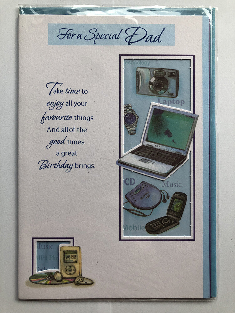 Dad Happy Birthday Card Laptop Phone Camera Watch Music