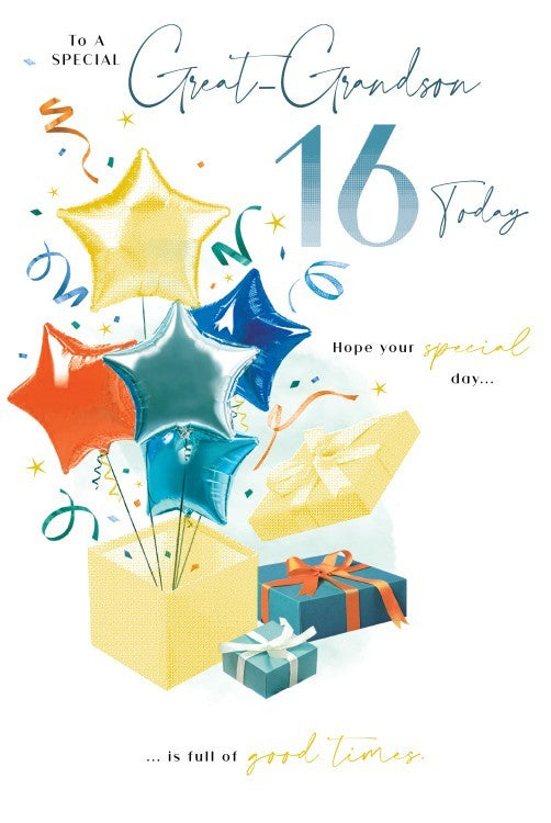 Great-Grandson 16th Birthday Card - Boys Sweet Sixteen Balloons Gifts