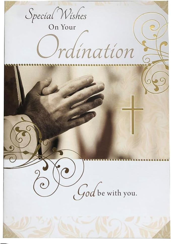 Religious Ordination Card  Prayer Hands & Gold Cross  14.4x21cm