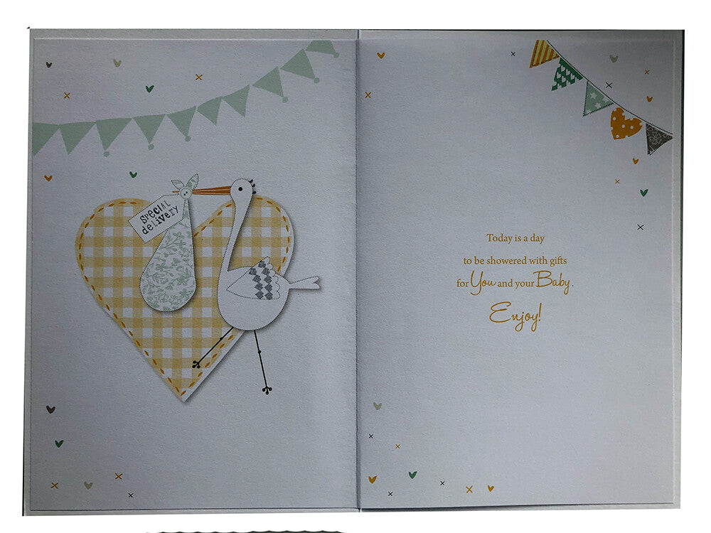 Baby Shower Baby Card Cute Stork Heart & Bunting Design Modern Birth New