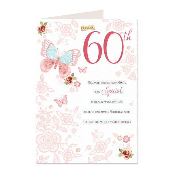 60th Happy Birthday Card 60 Butterflies & Flowers Design Lovely Verse
