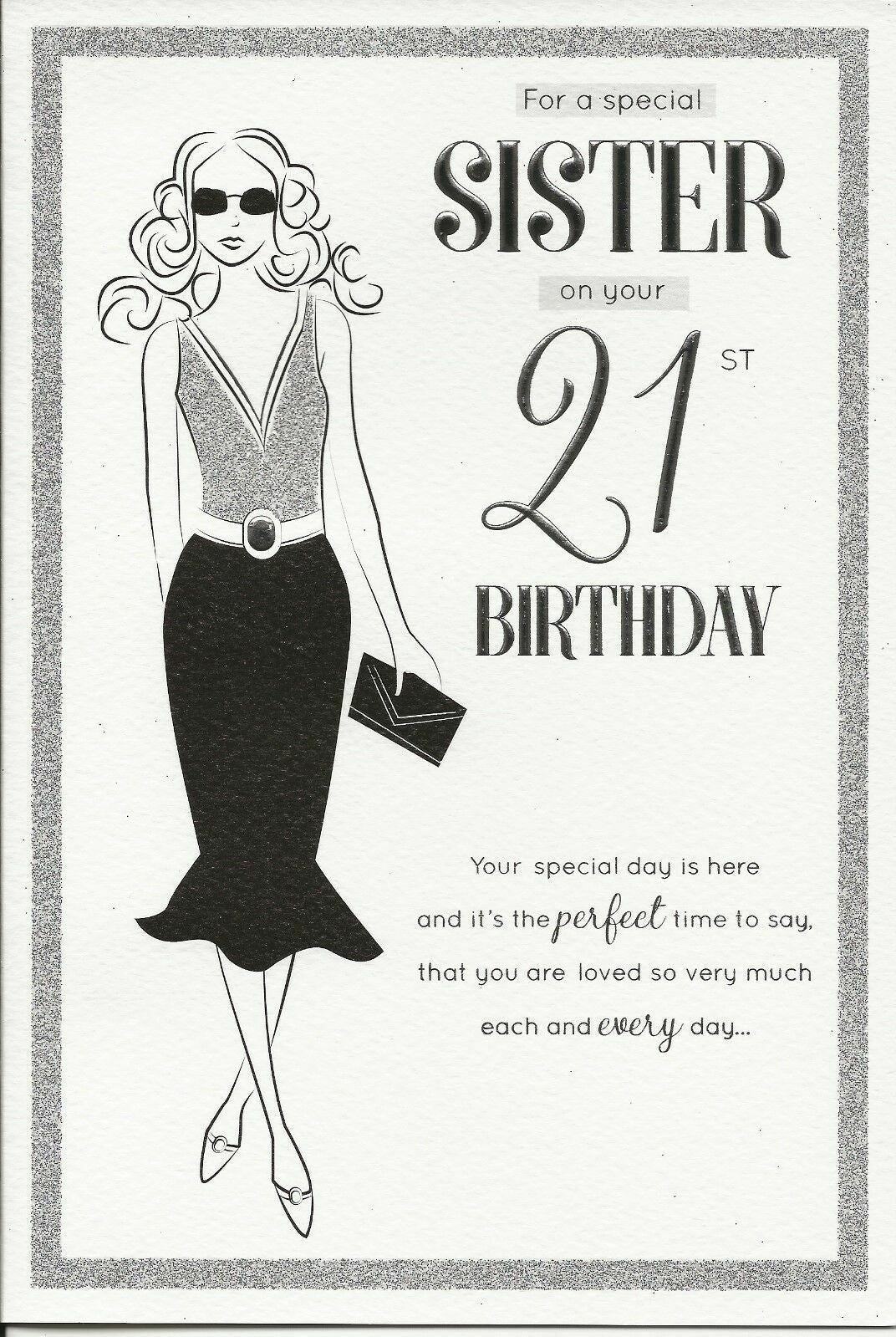 Sister 21st Birthday Card On Your 21 Black Dress Design Happy Lovely Verse