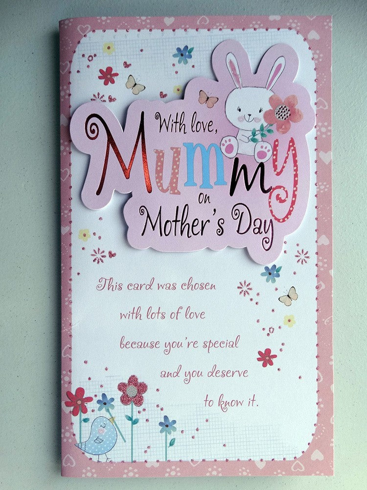 Mummy 3D Word Bunny Bird & Glitter Flowers Design Lovely Verse Mother's Day Card