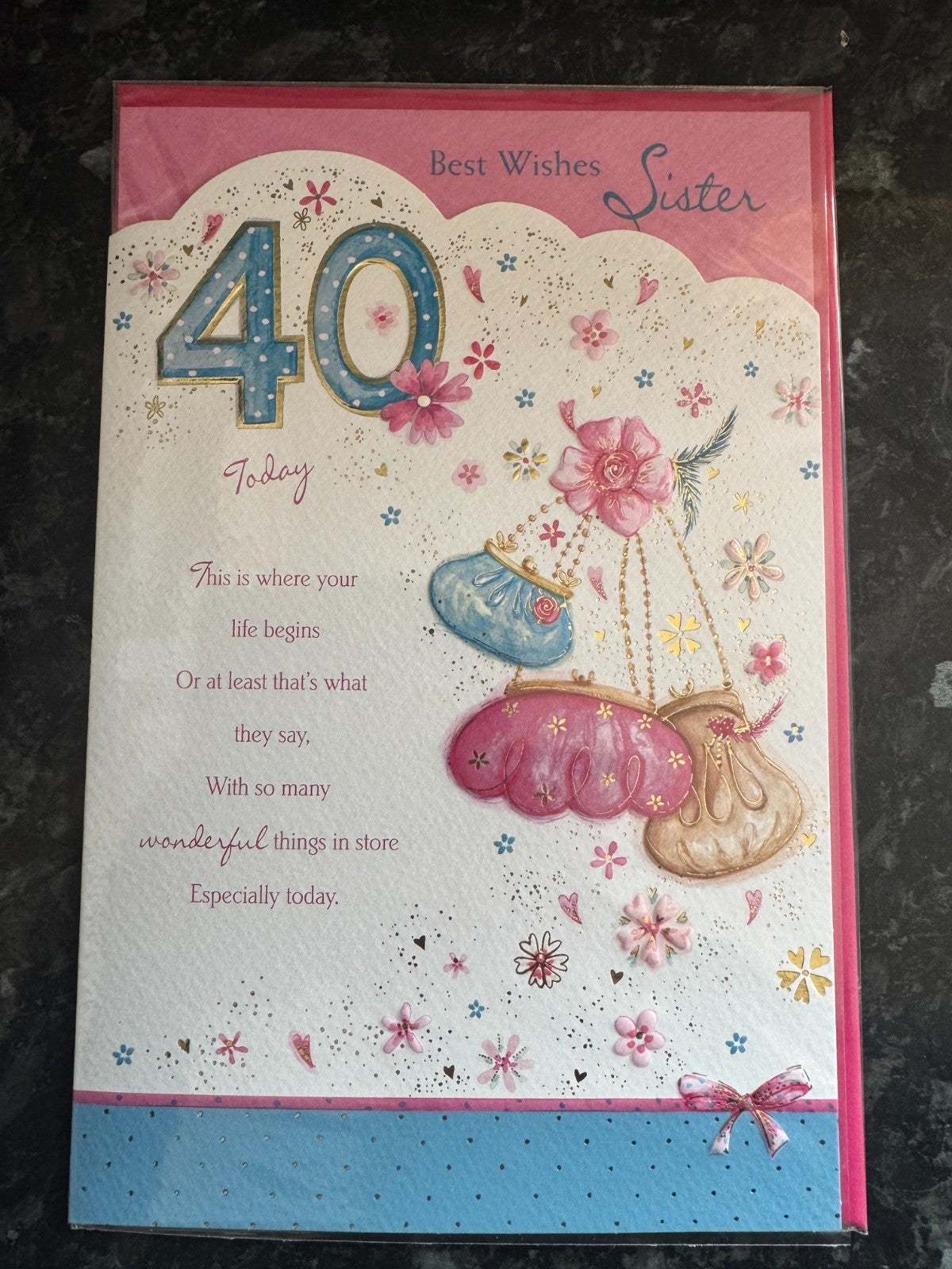 Sister 40th Birthday Card Female Handbags Quality Verse Pink Gold Foil Fab At 40