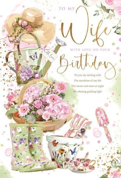 Wife Birthday Card Floral Garden Theme with Verse & Colour Insert  15x23cm