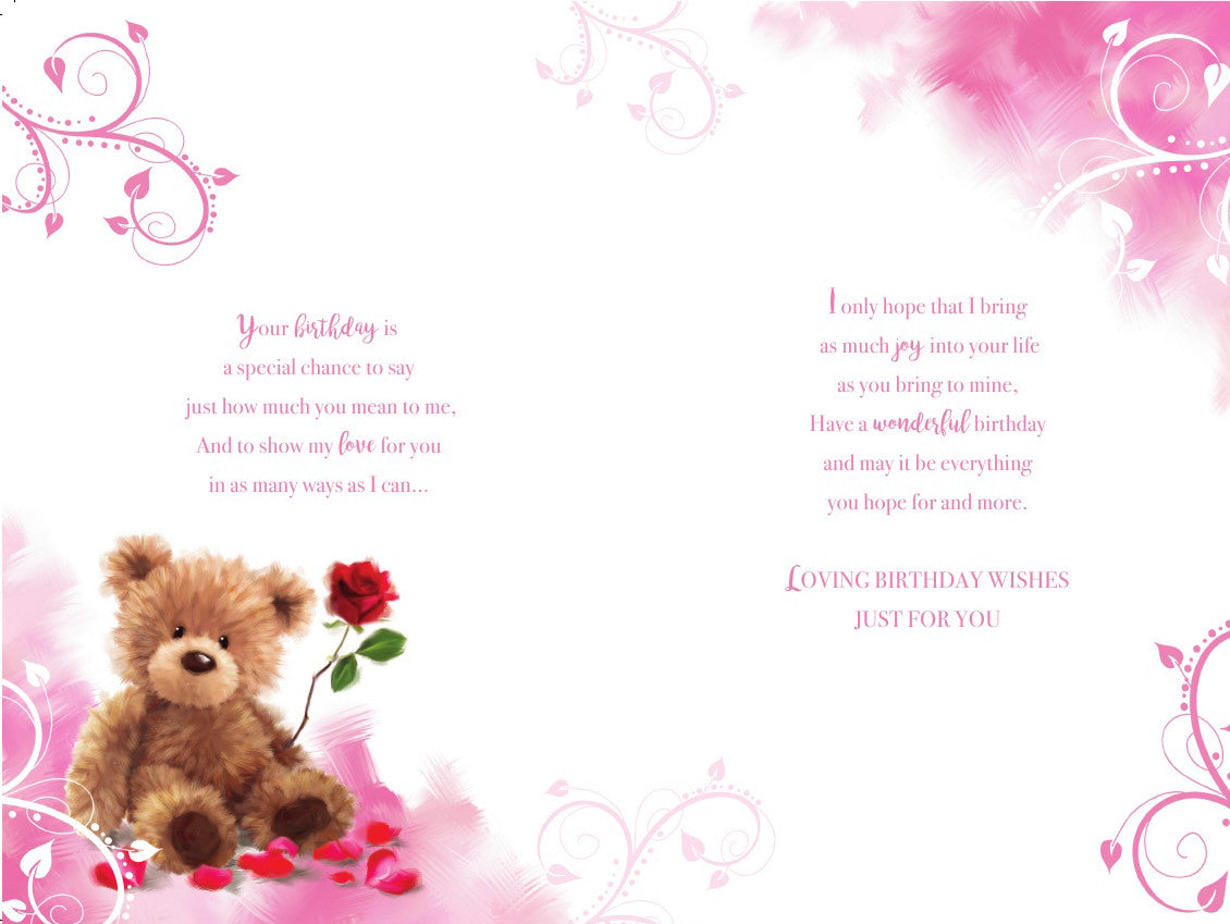 Fiancee Happy Birthday Card Cute Bear & Roses Design Lovely Verse