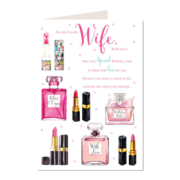 Wife Happy Birthday Card Perfume & Lipstick Design Bright Modern
