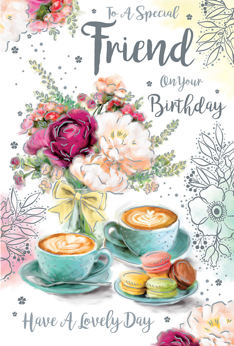 Friend Happy Birthday Card Coffee & Macroons 9" x 6"