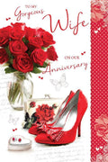 Gorgeous Wife Anniversary Card Red Roses Shoes Purse & Earrings Design