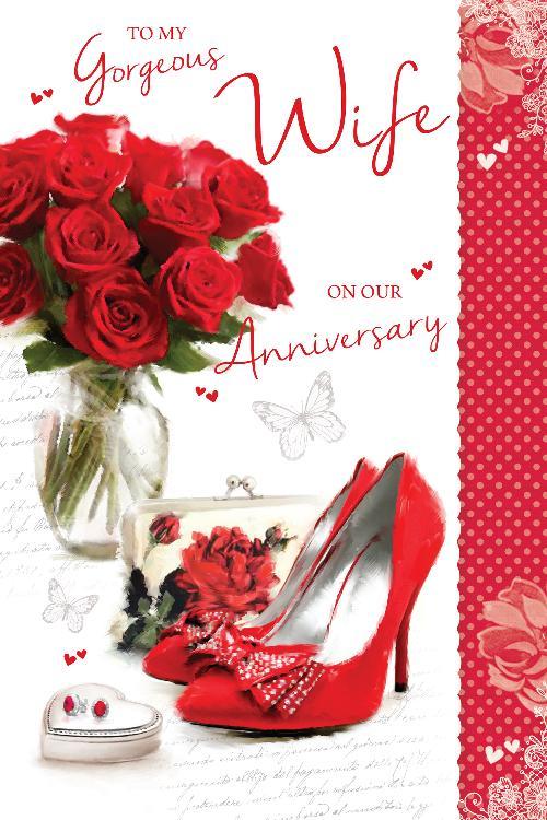 Gorgeous Wife Anniversary Card Red Roses Shoes Purse & Earrings Design