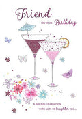 Friend Happy Birthday Card Butterflies Cocktail Glasses Design Lovely Verse
