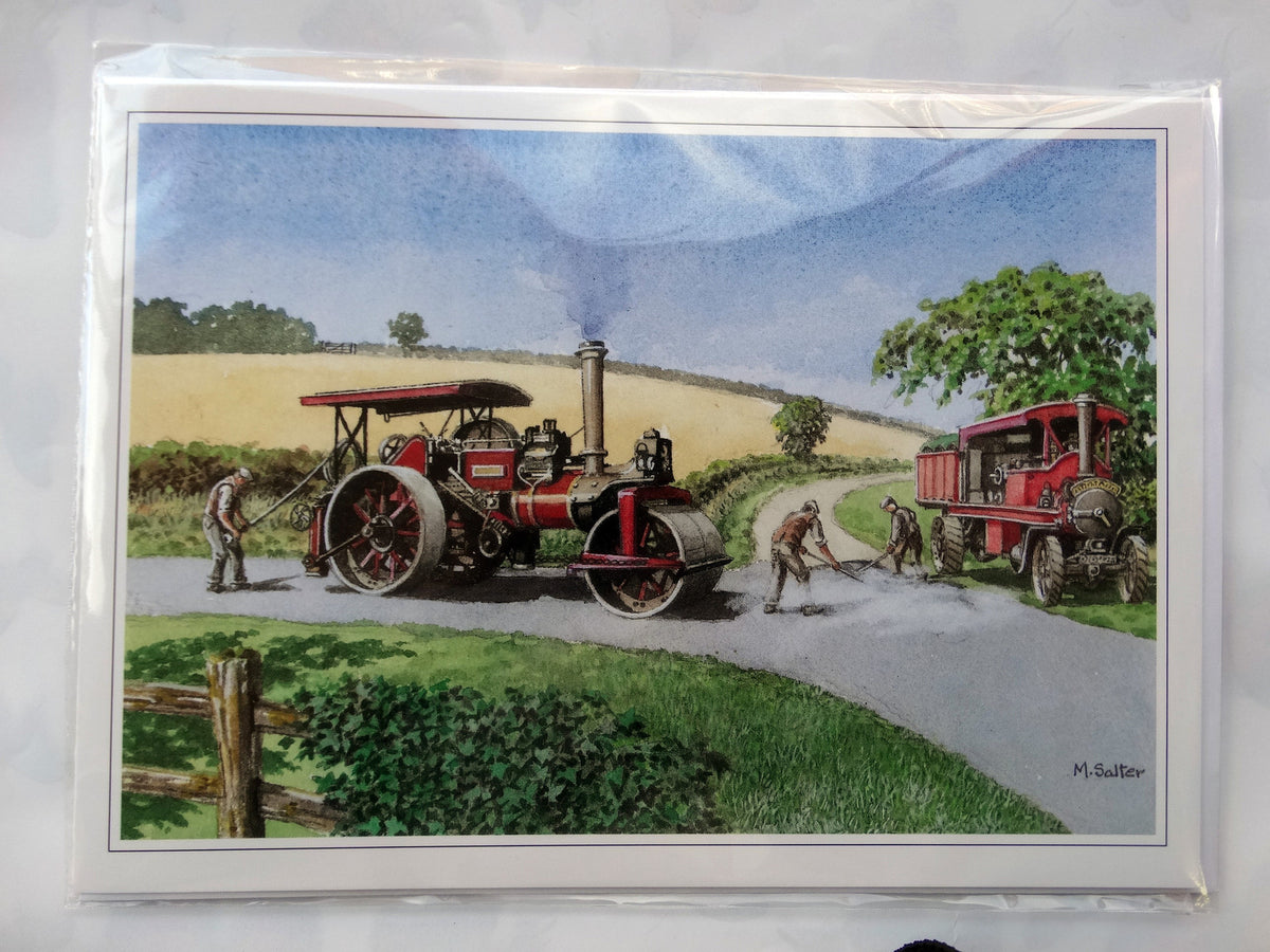 'The Road Gang' Steam Engine Card - Vintage Road Works Art 8"x6"